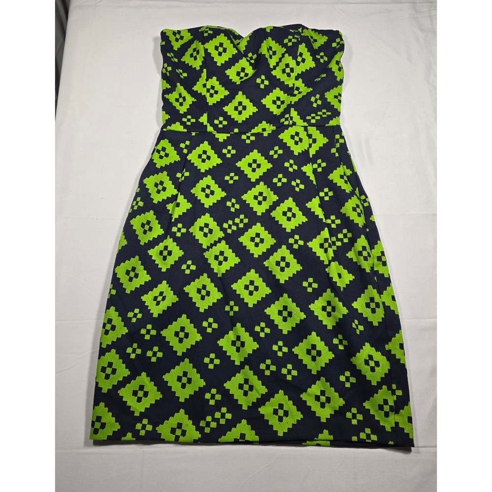 Blue‎ Rain Strapless Sweetheart retro Dress Navy Lime Green Geometric S